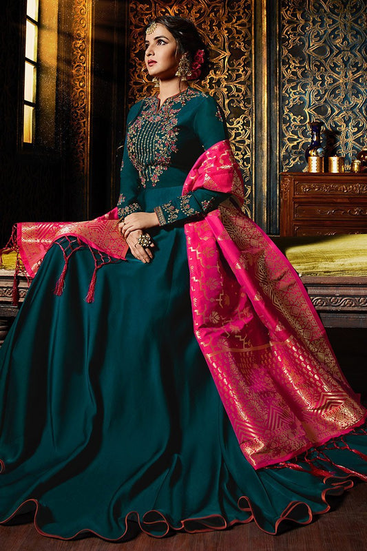 Prussion-Blue Sartin Georgette Floor length Anarkali Suit