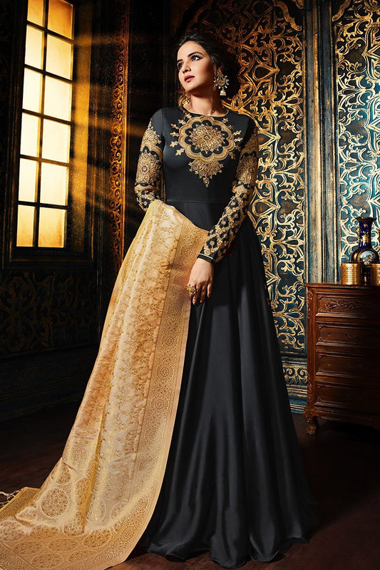 Slate-Grey Sartin Georgette Floor Lenth Anarkali Suit