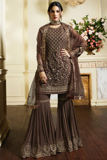 Brown Gray embroidered designer Sharara suit