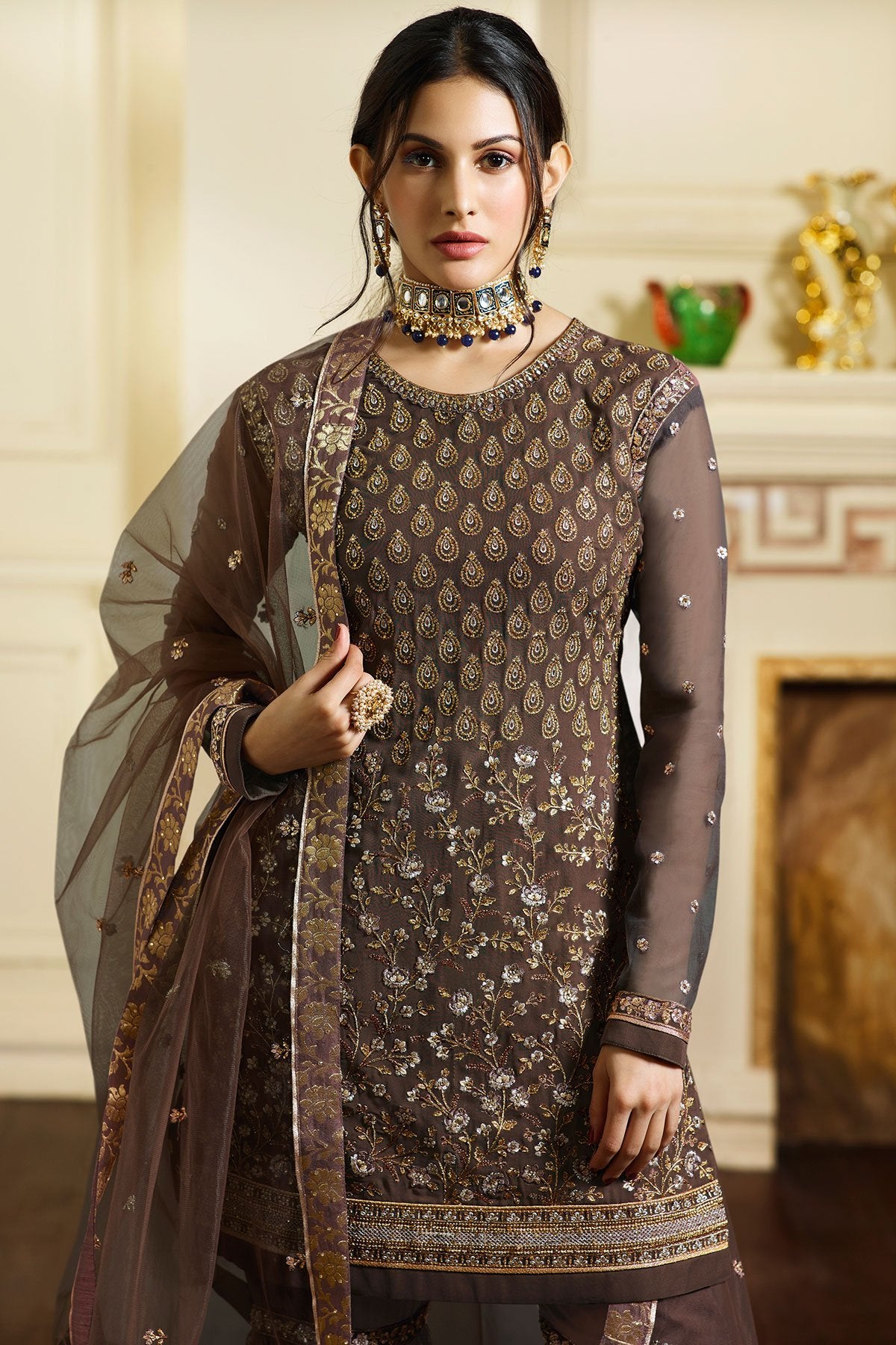 Brown Gray embroidered designer Sharara suit