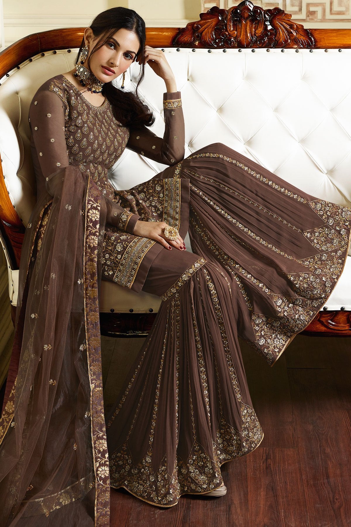 Brown Gray embroidered designer Sharara suit