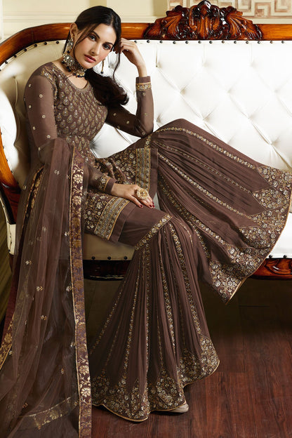 Brown Gray embroidered designer Sharara suit