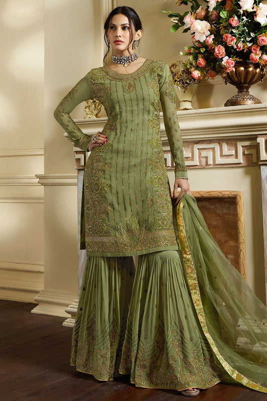 Olive Green embroidered designer Sharara suit
