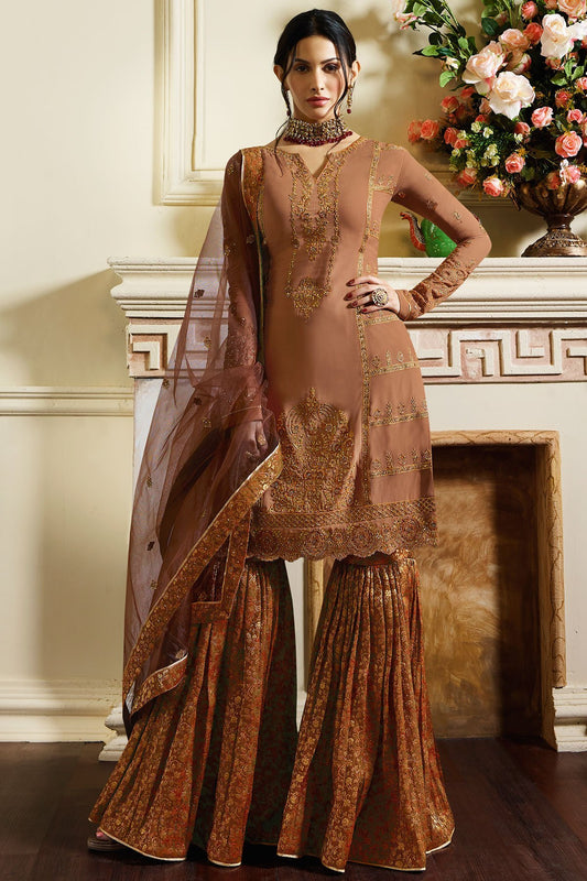 Pale Brown and Saddle Brown colored designer Sharara suit
