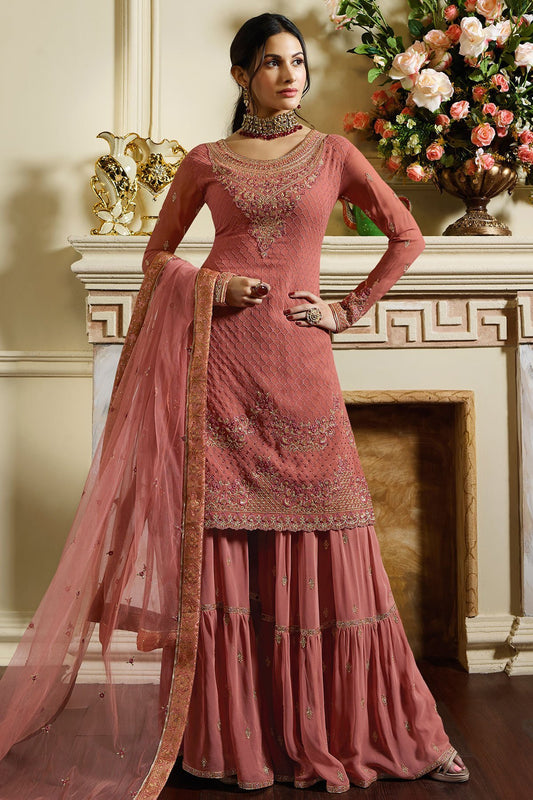 Dull Terracotta Pink embroidered designer Sharara suit