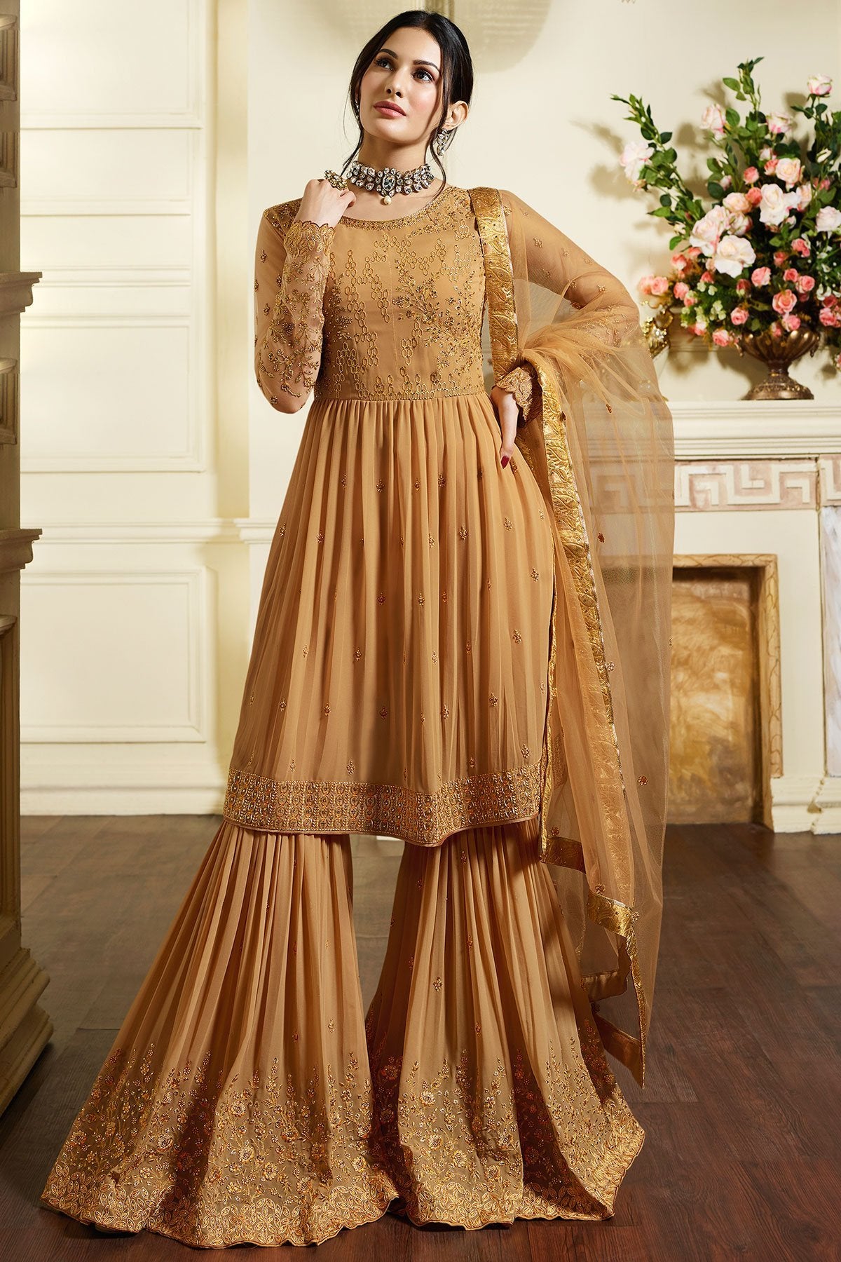 Dark Beige embroidered Georgette Sharara suit