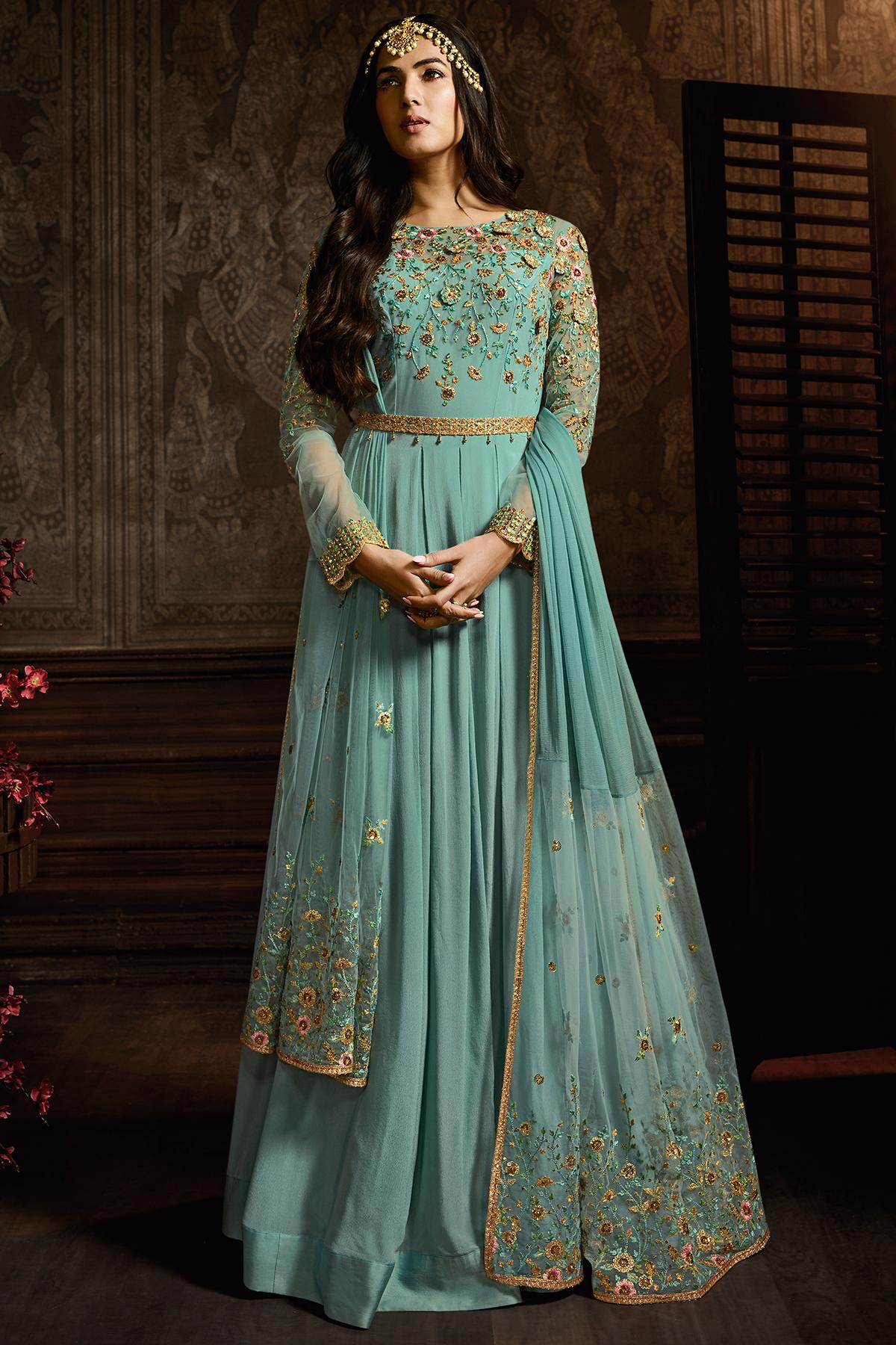 Arctic Blue Designer Net Anarkali Suit