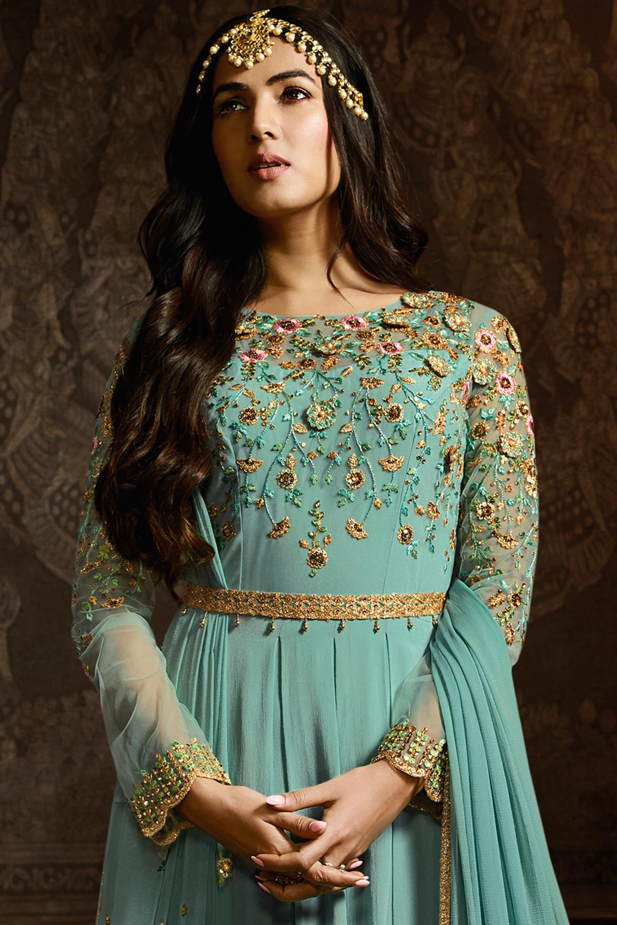 Arctic Blue Designer Net Anarkali Suit