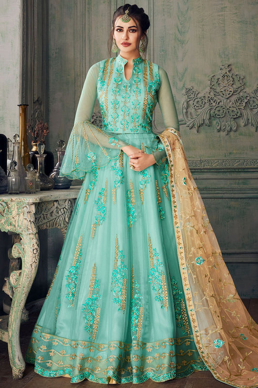 Arctic Blue Heavy Net Party Wear Anarkali Suit