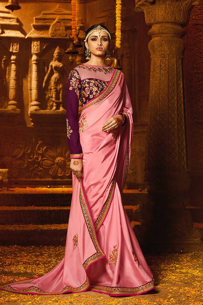 Baby-Pink colored Japan Crape Saree with Heavy Blouse
