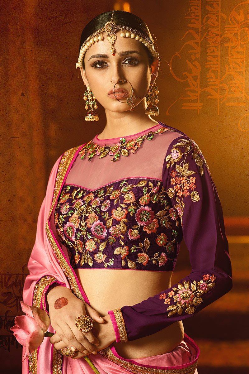 Baby-Pink colored Japan Crape Saree with Heavy Blouse