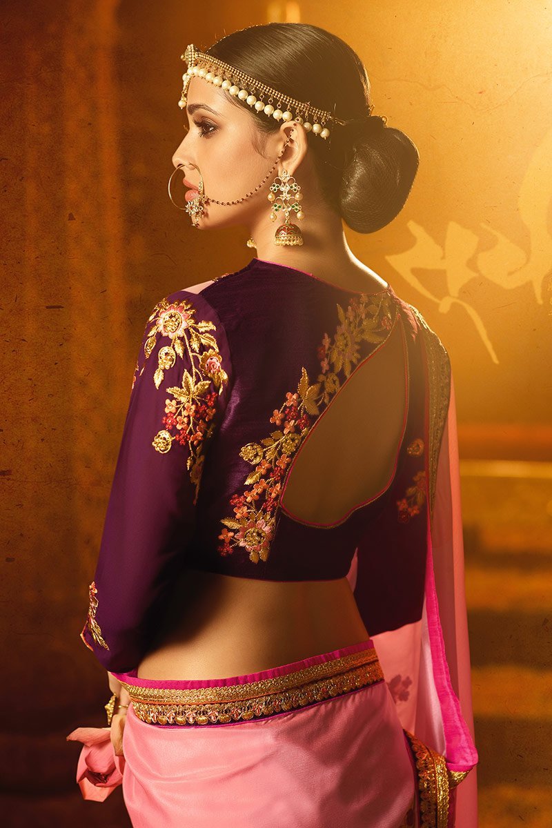 Baby-Pink colored Japan Crape Saree with Heavy Blouse