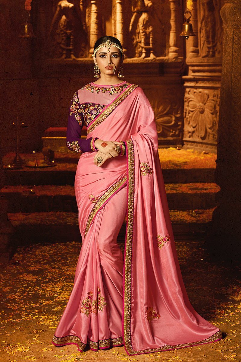 Baby-Pink colored Japan Crape Saree with Heavy Blouse