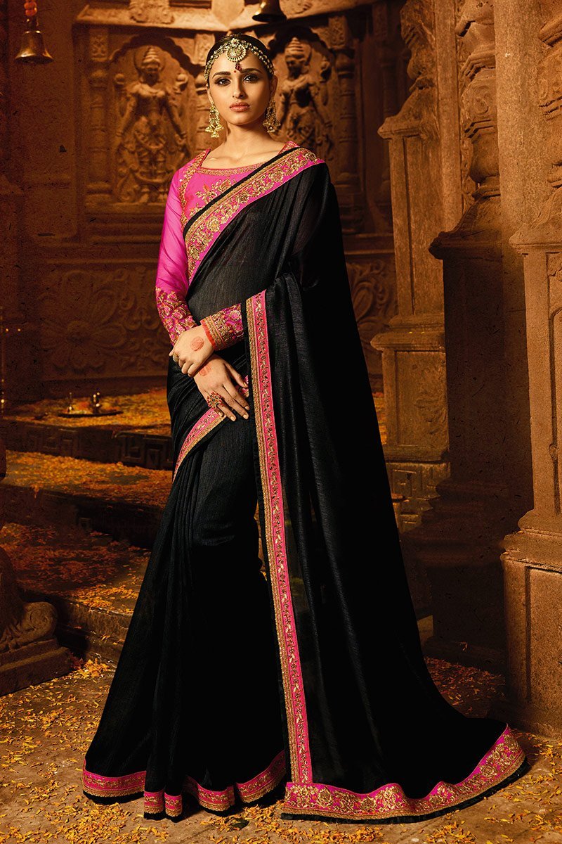 Midnight-Black colored Silk Saree with Heavy Blouse