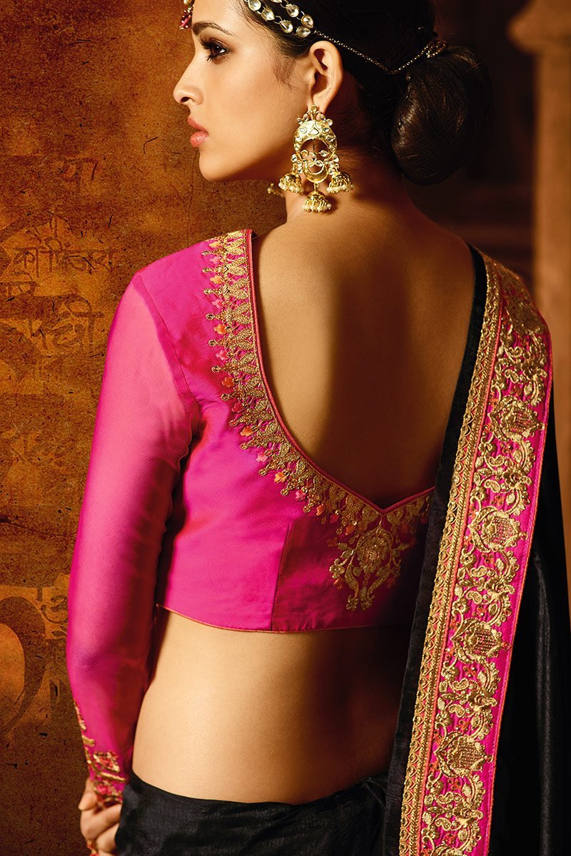 Midnight-Black colored Silk Saree with Heavy Blouse