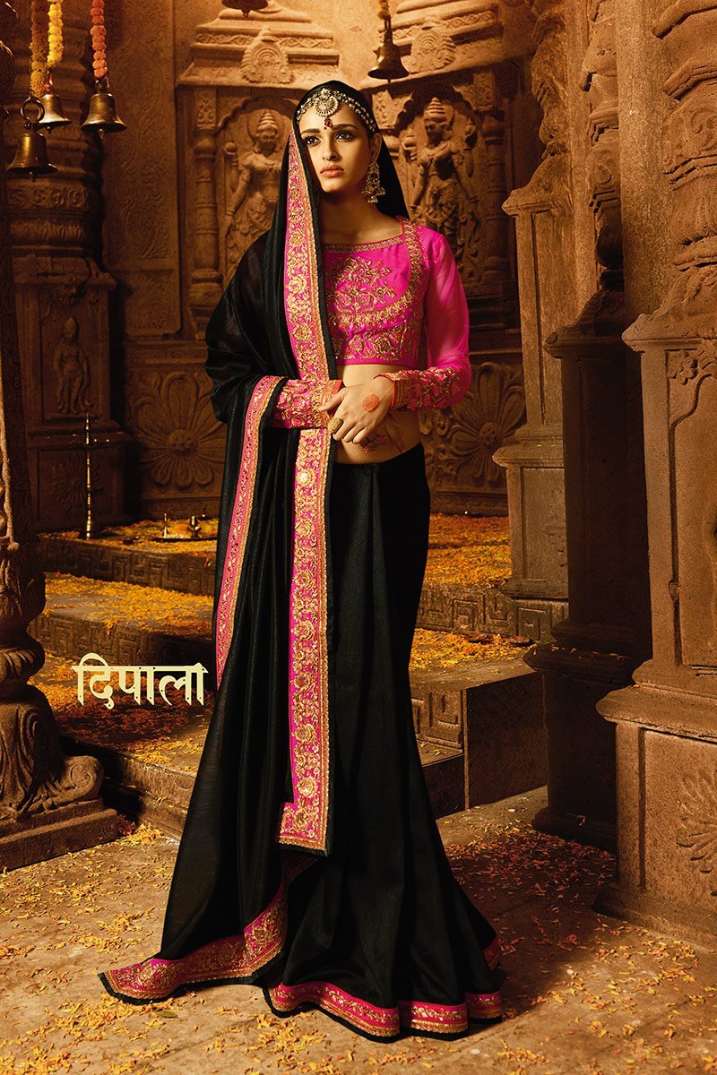 Midnight-Black colored Silk Saree with Heavy Blouse