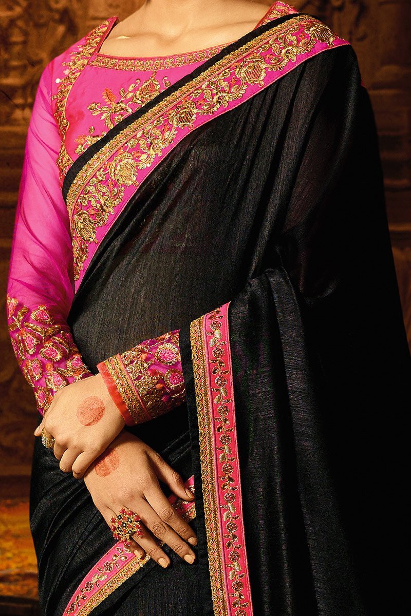 Midnight-Black colored Silk Saree with Heavy Blouse