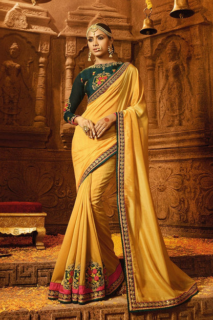 Mustered colored Silk Saree with Heavy Blouse