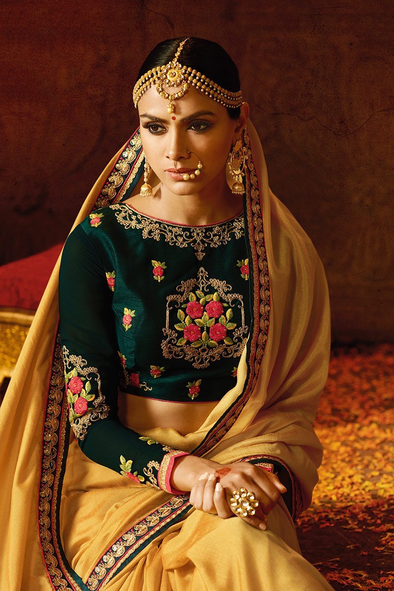 Mustered colored Silk Saree with Heavy Blouse