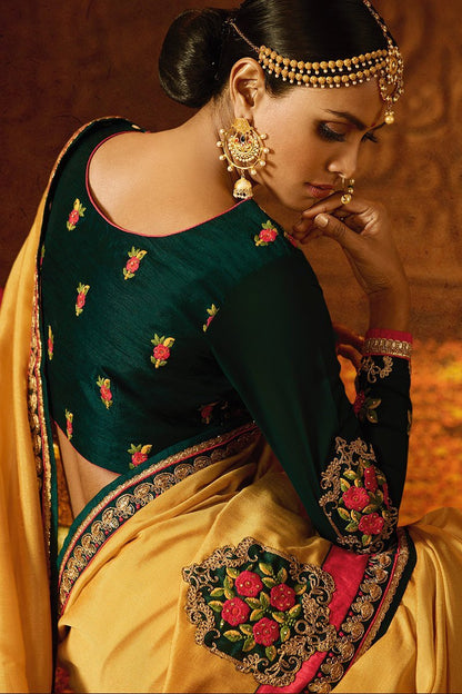 Mustered colored Silk Saree with Heavy Blouse