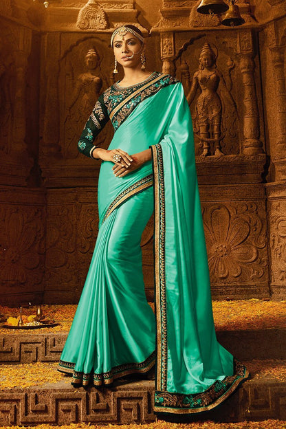 Mint-Green colored Silk Saree with Heavy Blouse