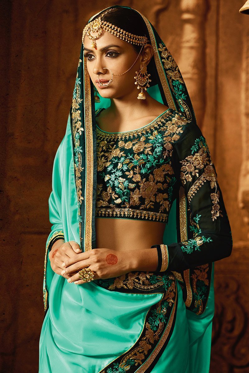 Mint-Green colored Silk Saree with Heavy Blouse