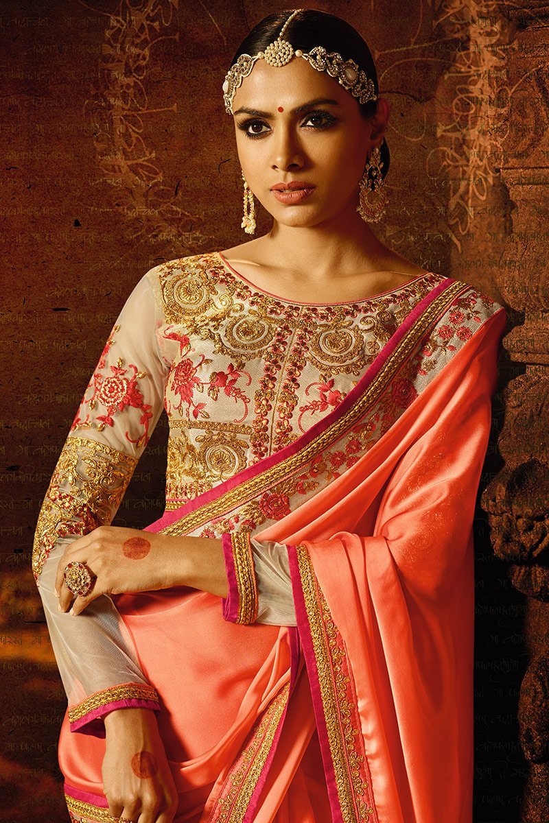 Rouge-Pink colored Silk Saree with Heavy Blouse