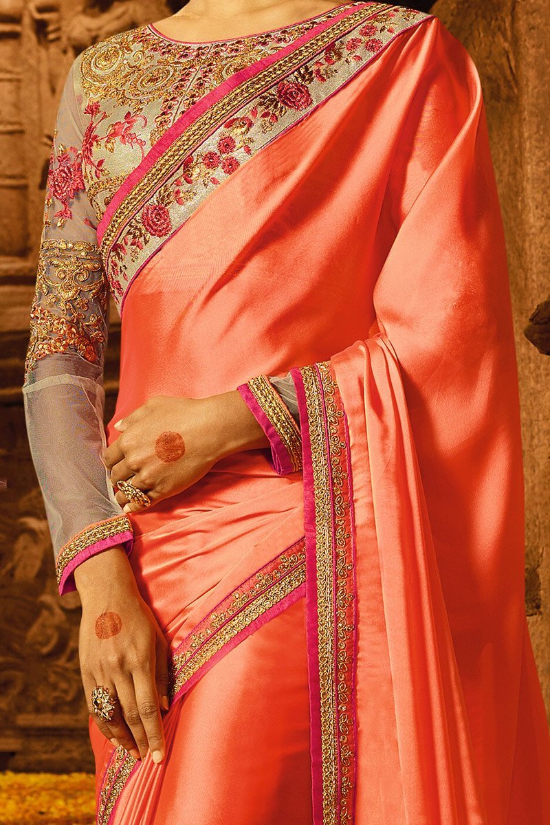 Rouge-Pink colored Silk Saree with Heavy Blouse