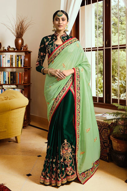 Bottle-Green colored Japan Crape Saree with Heavy Blouse