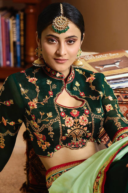 Bottle-Green colored Japan Crape Saree with Heavy Blouse