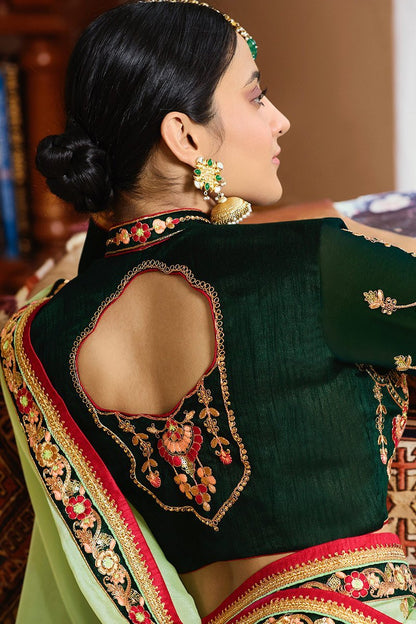 Bottle-Green colored Japan Crape Saree with Heavy Blouse
