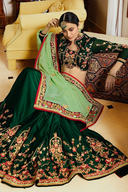 Bottle-Green colored Japan Crape Saree with Heavy Blouse