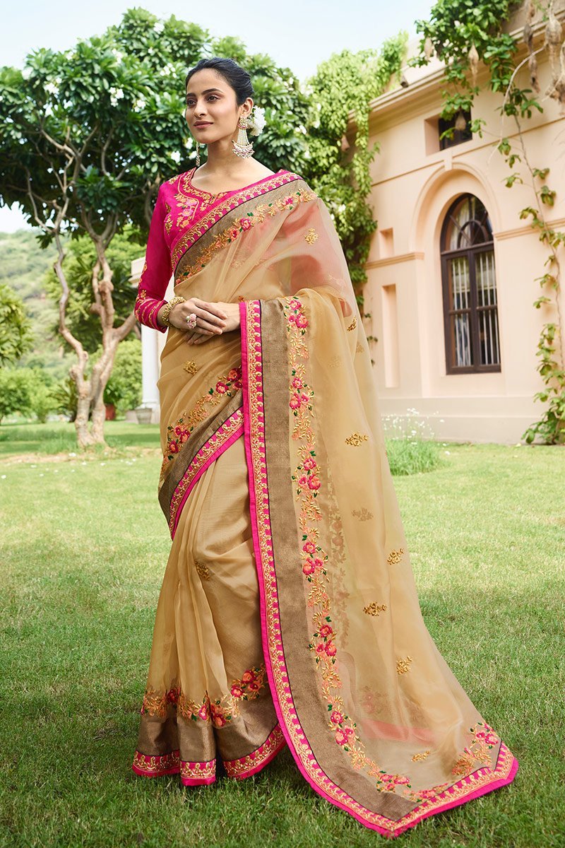 Parmesean colored Nylon Tissue Saree with Heavy Blouse