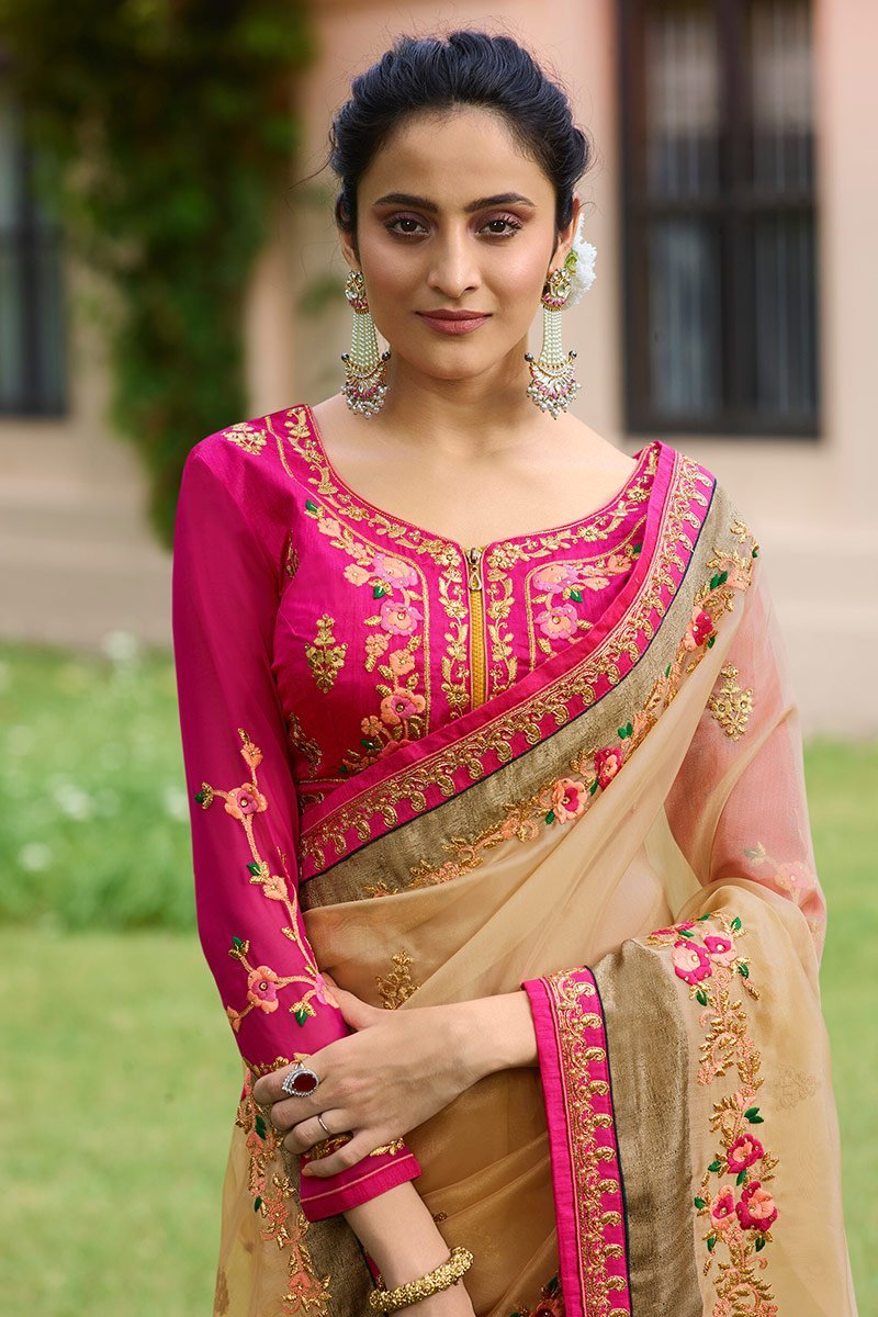 Parmesean colored Nylon Tissue Saree with Heavy Blouse
