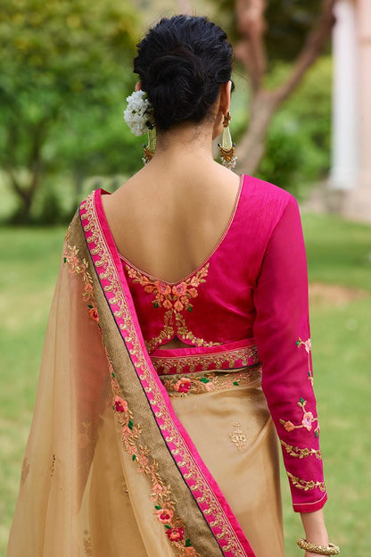 Parmesean colored Nylon Tissue Saree with Heavy Blouse