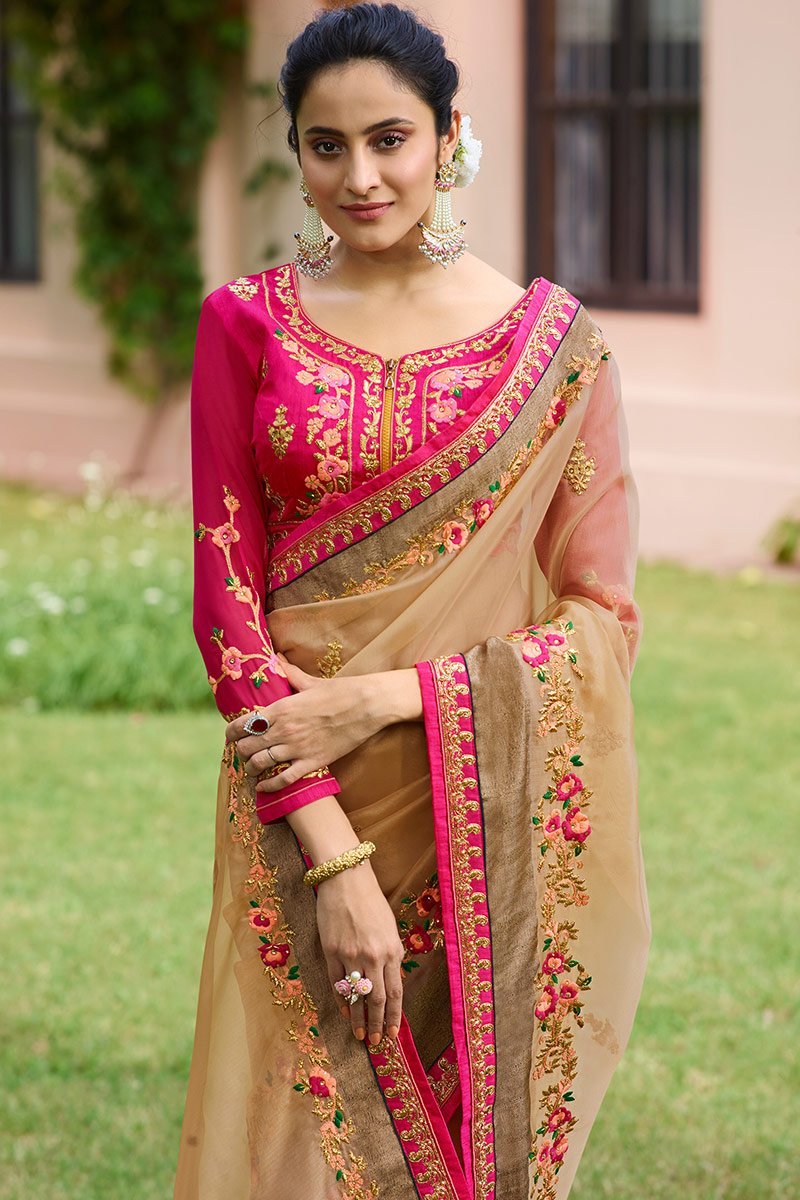 Parmesean colored Nylon Tissue Saree with Heavy Blouse