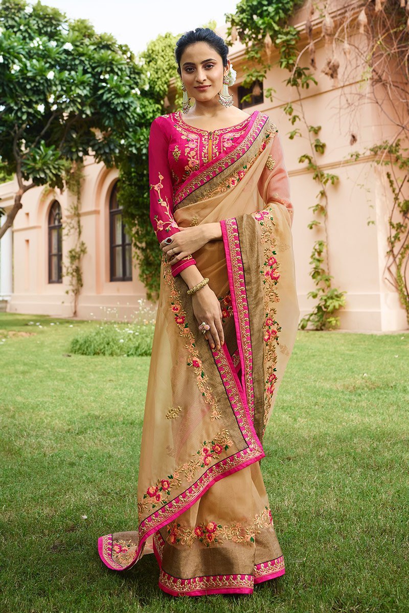 Parmesean colored Nylon Tissue Saree with Heavy Blouse