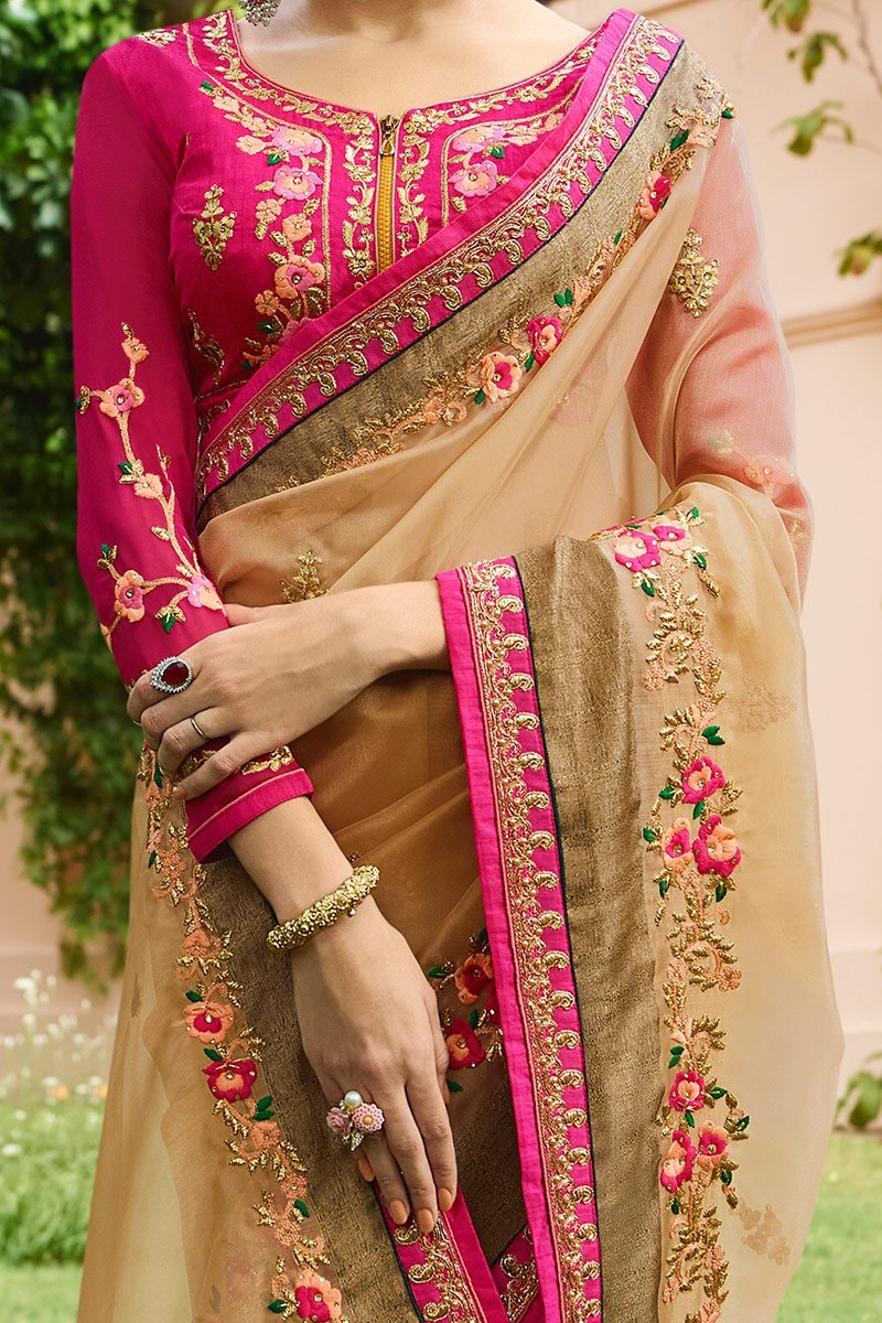 Parmesean colored Nylon Tissue Saree with Heavy Blouse
