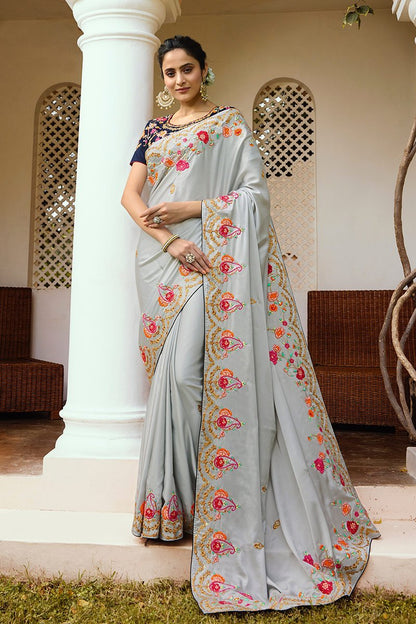 Cloud-Grey colored Barfi Silk Saree with Heavy Blouse