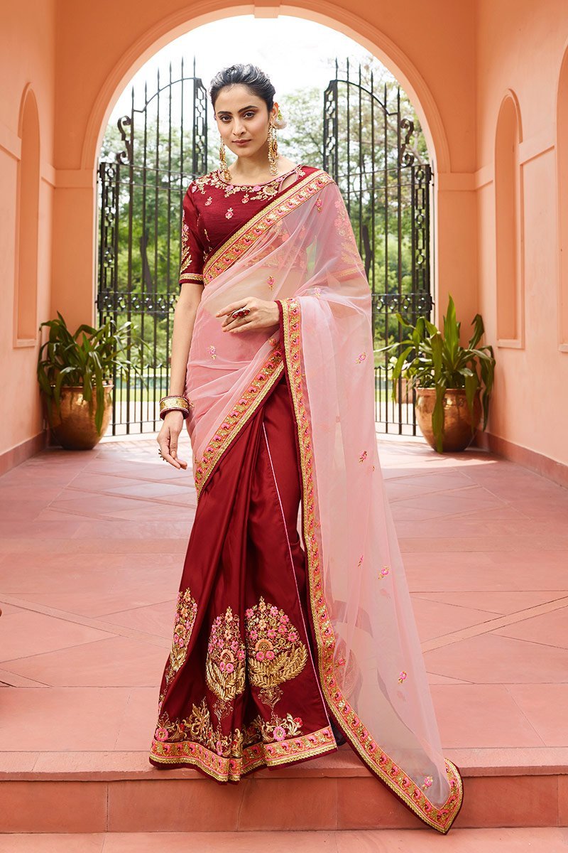 Dual Shaded Maroon and Rose-Pink Saree with Heavy Blouse
