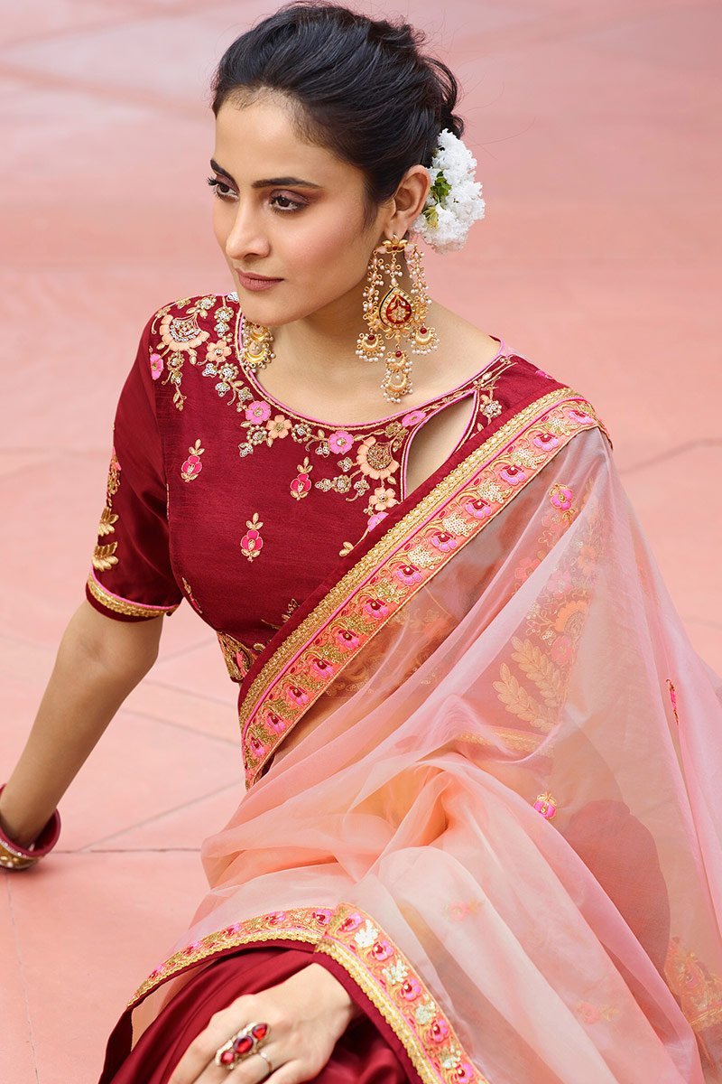 Dual Shaded Maroon and Rose-Pink Saree with Heavy Blouse