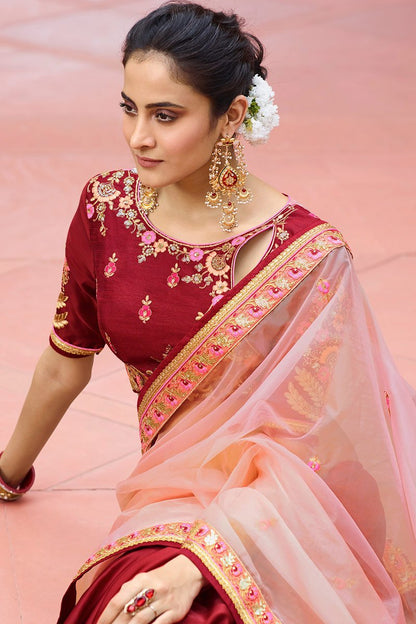 Dual Shaded Maroon and Rose-Pink Saree with Heavy Blouse