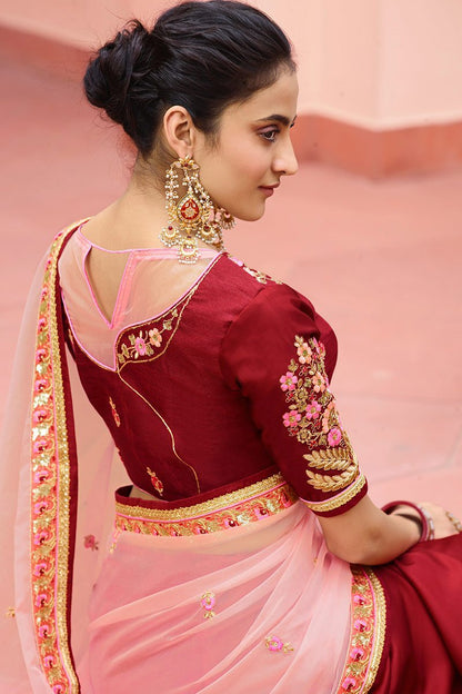 Dual Shaded Maroon and Rose-Pink Saree with Heavy Blouse