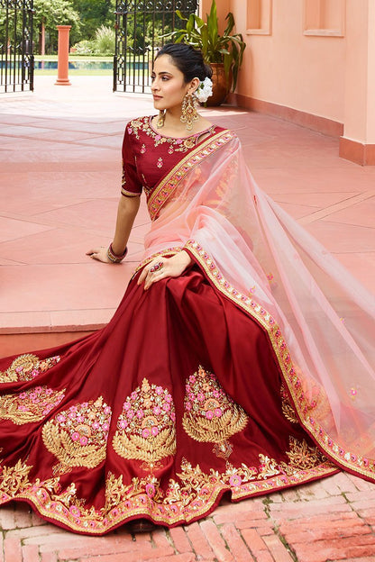 Dual Shaded Maroon and Rose-Pink Saree with Heavy Blouse