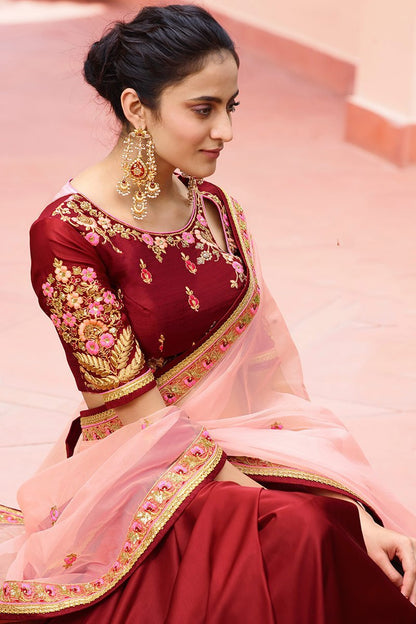 Dual Shaded Maroon and Rose-Pink Saree with Heavy Blouse