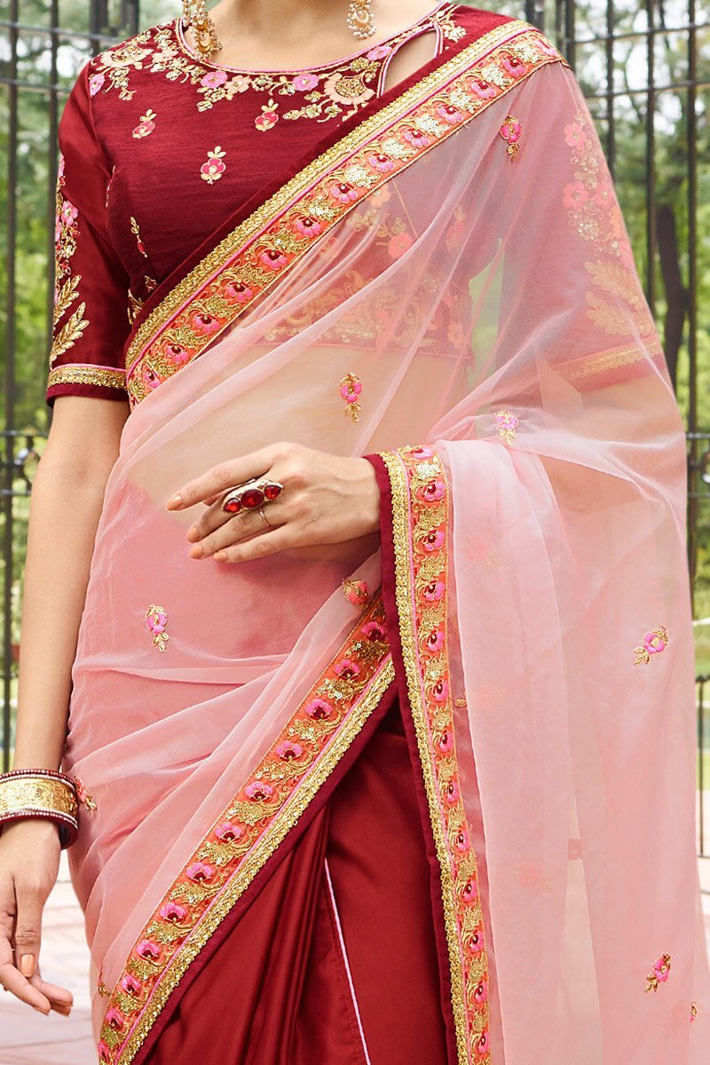 Dual Shaded Maroon and Rose-Pink Saree with Heavy Blouse