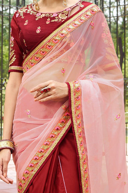 Dual Shaded Maroon and Rose-Pink Saree with Heavy Blouse