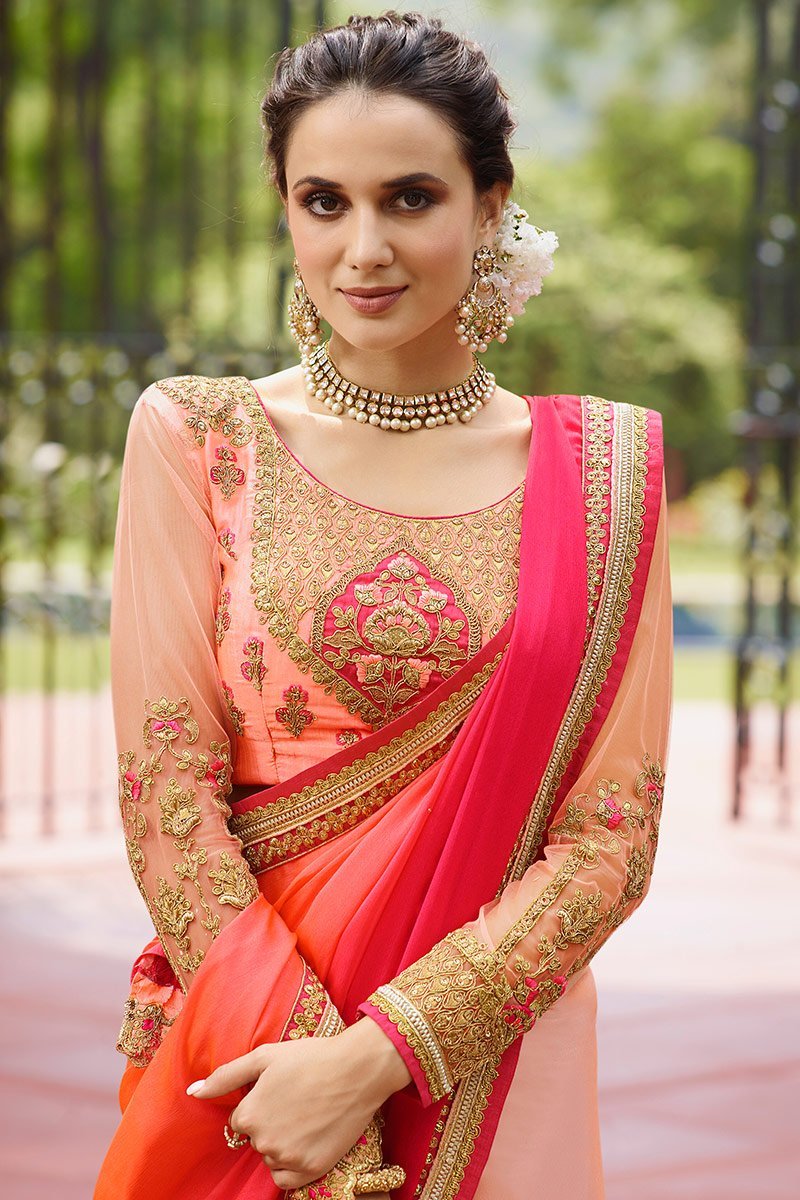 Dual Shaded Peach and Rani-Pink Silk Saree with Heavy Blouse