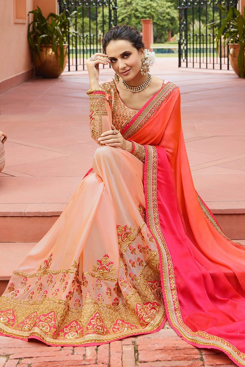 Dual Shaded Peach and Rani-Pink Silk Saree with Heavy Blouse