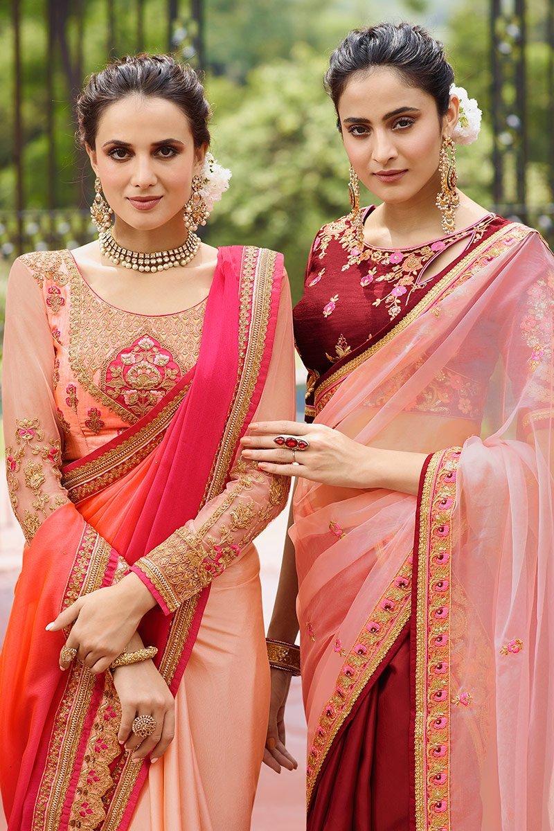 Dual Shaded Peach and Rani-Pink Silk Saree with Heavy Blouse